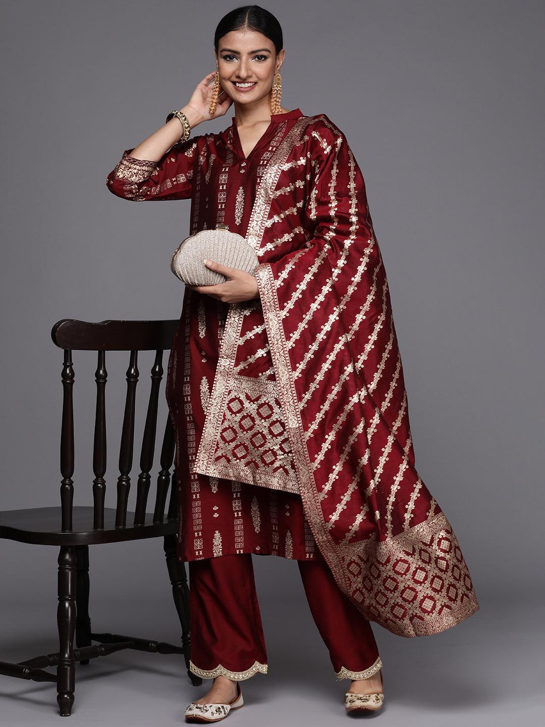 Ethnic Motifs Chanderi Silk Maroon Suit Set - DWEEP SARA