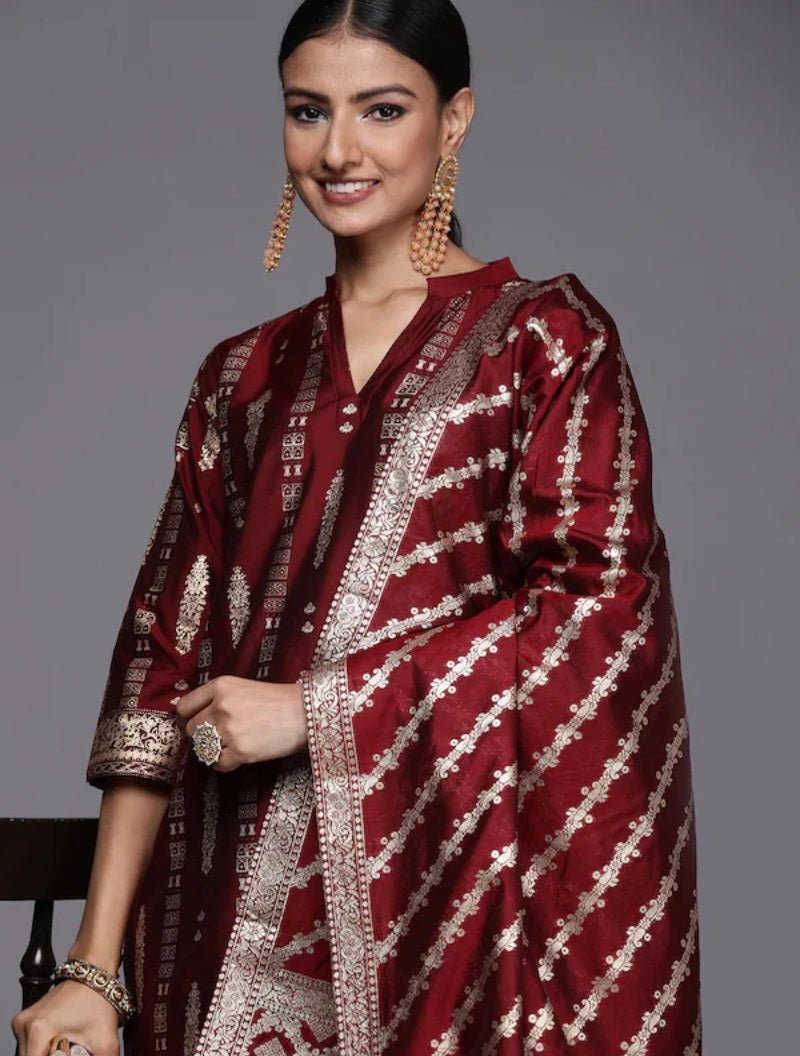 Ethnic Motifs Chanderi Silk Maroon Suit Set - DWEEP SARA