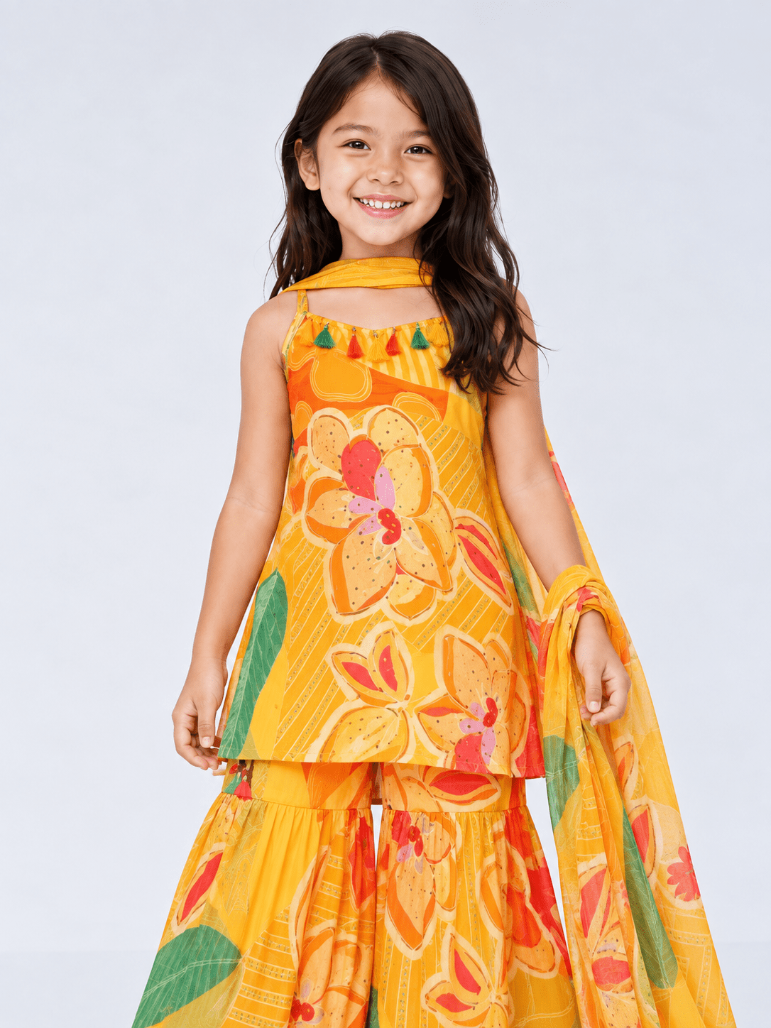 Girls' Festive Floral Printed Yellow Sharara Set - DWEEP SARA