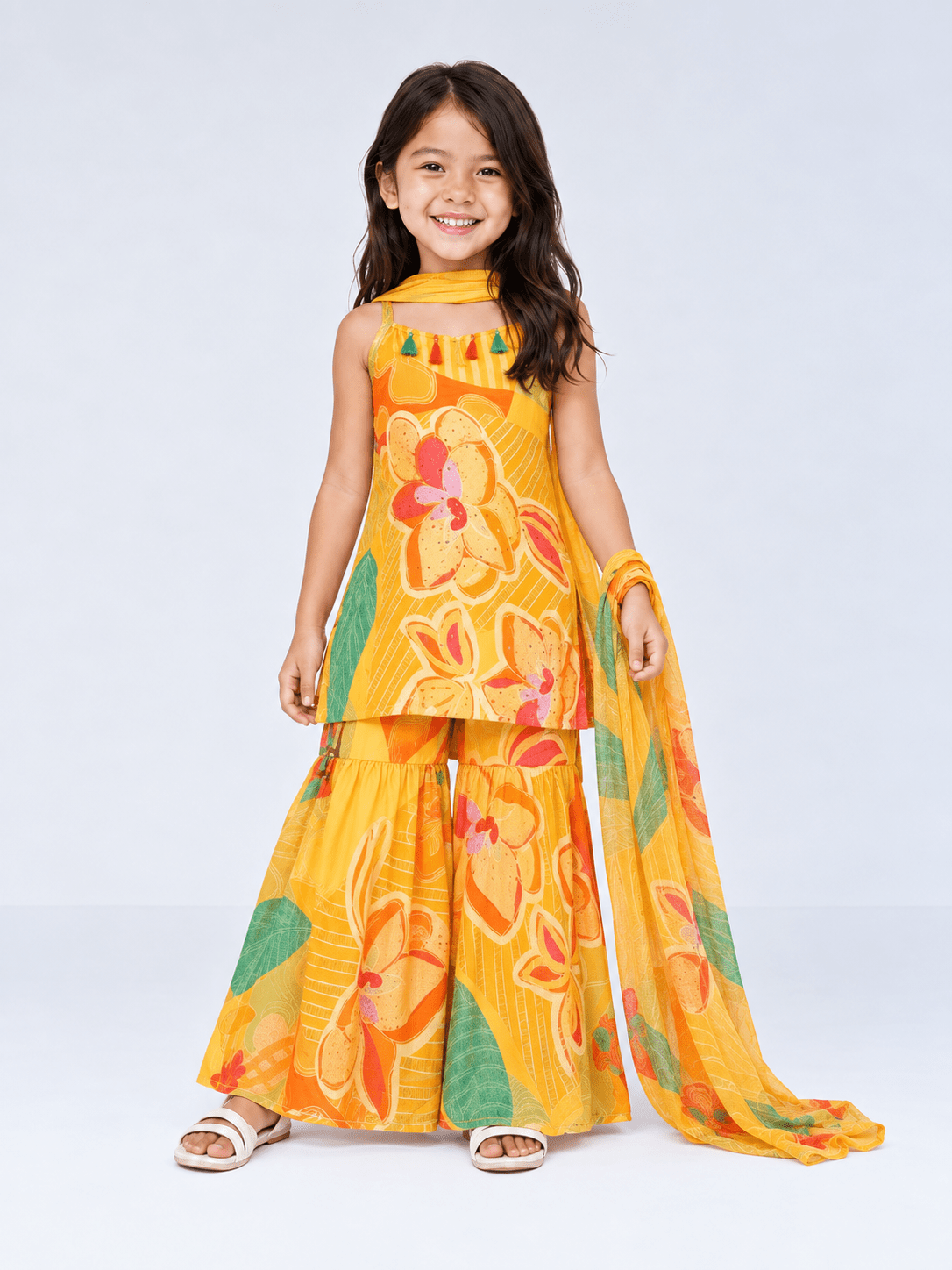 Girls' Festive Floral Printed Yellow Sharara Set - DWEEP SARA