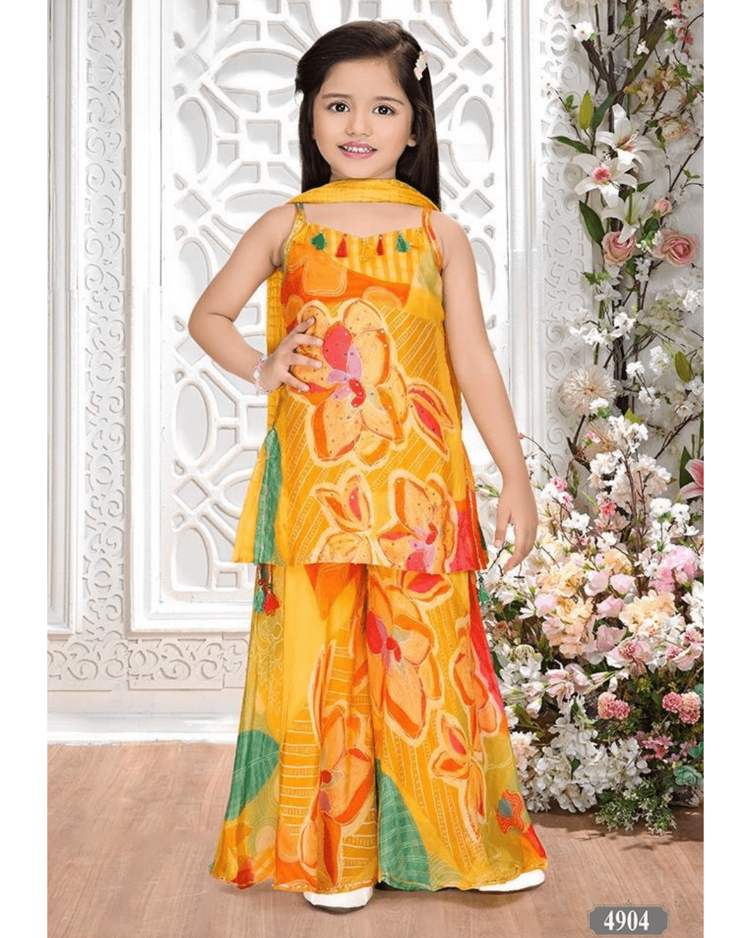 Girls' Festive Floral Printed Yellow Sharara Set – Style 4904 - DWEEP SARA