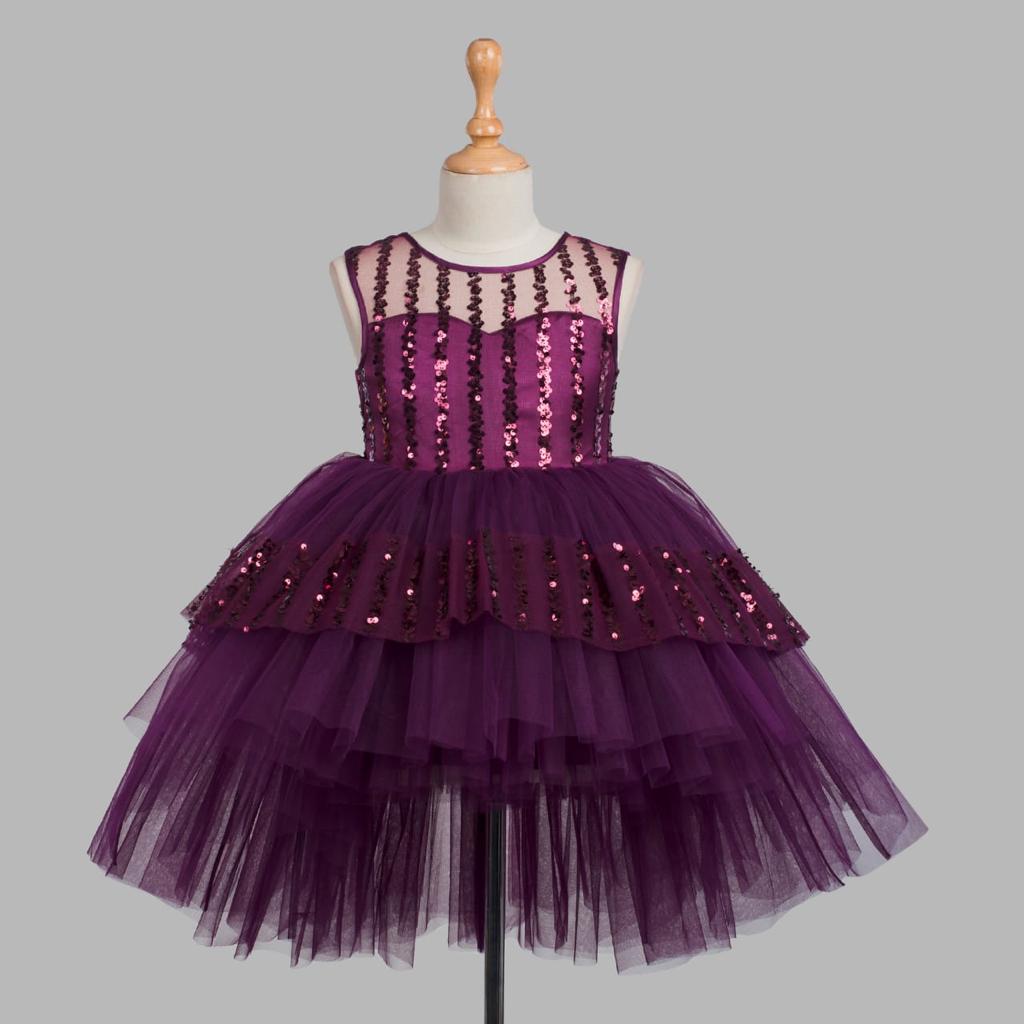 Girls Purple Embellished Flare Kids Dress - DWEEP SARA