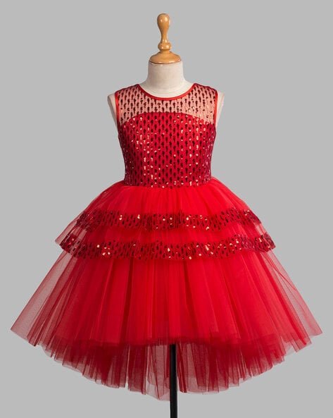 Girls Red Embellished Fit & Flared Kids Dress - DWEEP SARA