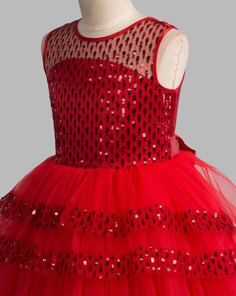 Girls Red Embellished Fit & Flared Kids Dress - DWEEP SARA