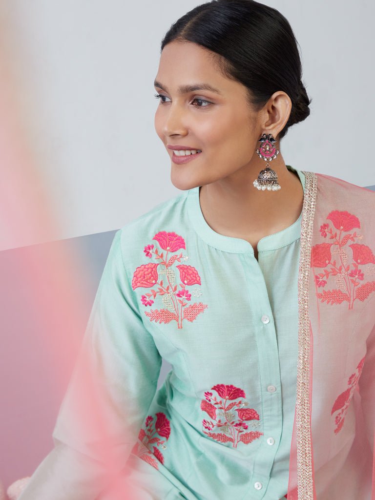 Green A - Line Floral Embroidery Suit Set - DWEEP SARA