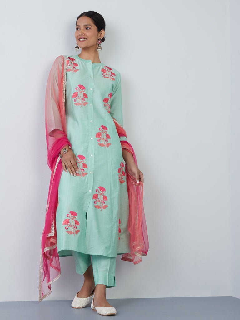 Green A - Line Floral Embroidery Suit Set - DWEEP SARA