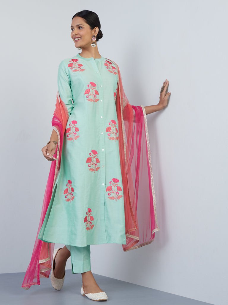 Green A - Line Floral Embroidery Suit Set - DWEEP SARA