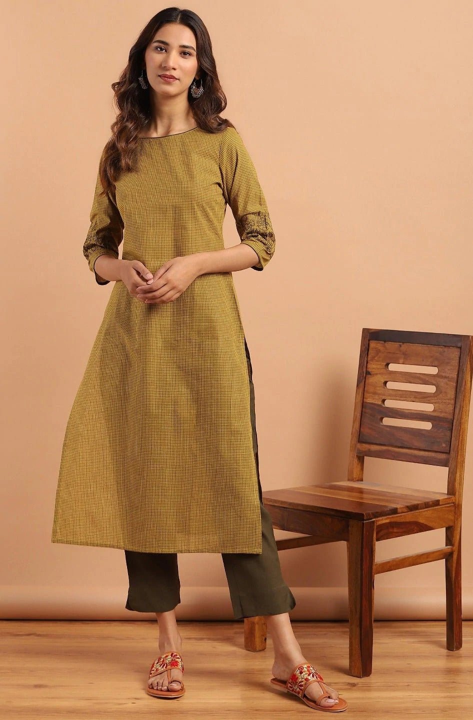 Green Checkered Cotton Kurta Pant Set - DWEEP SARA