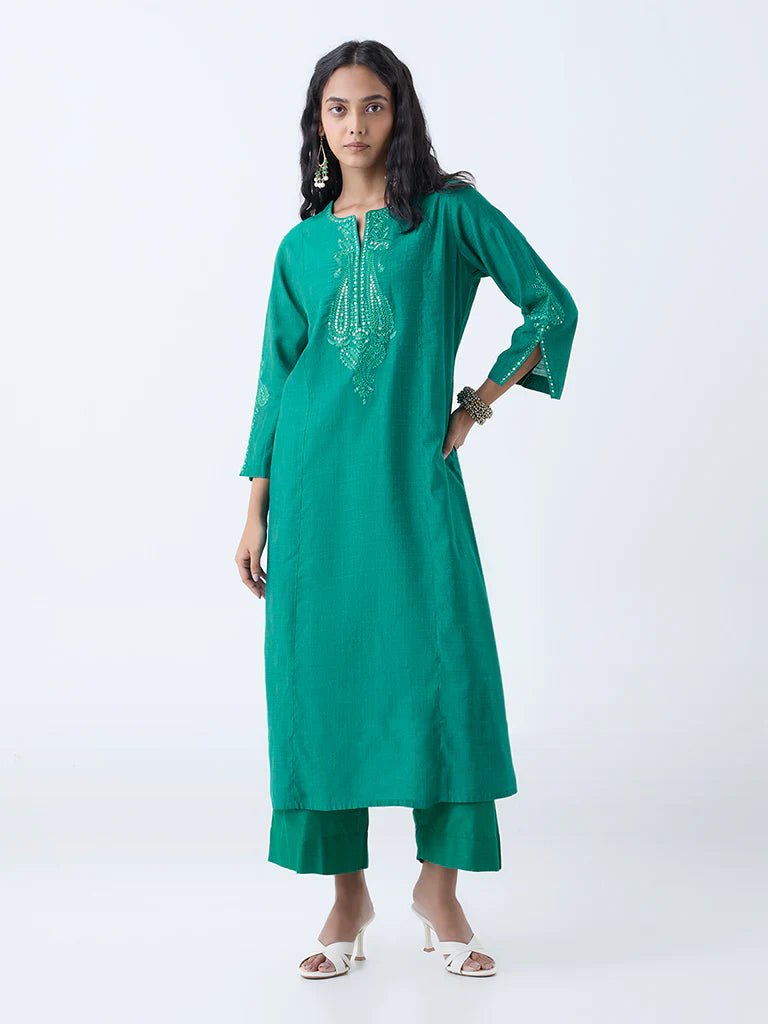 Green Embroidered A - Line Kurta - DWEEP SARA