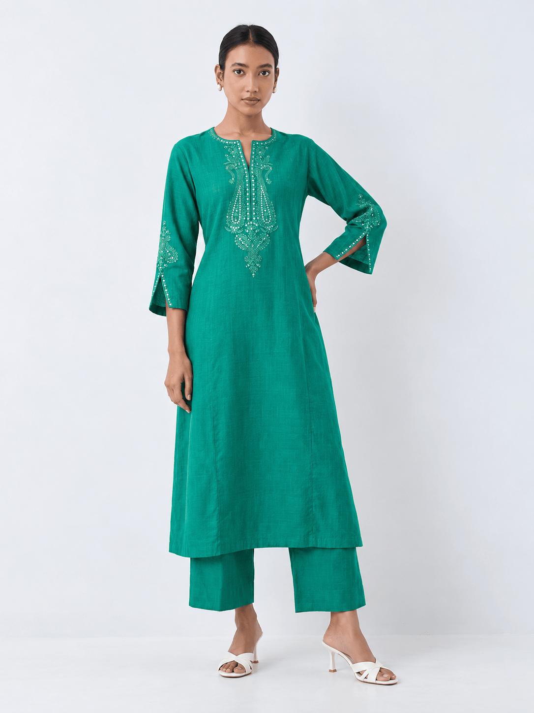 Green Embroidered A-Line Kurta - DWEEP SARA