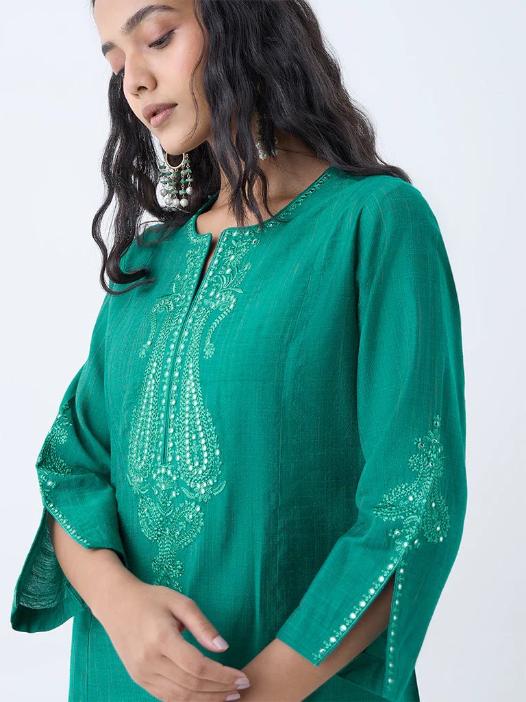 Green Embroidered A - Line Kurta - DWEEP SARA