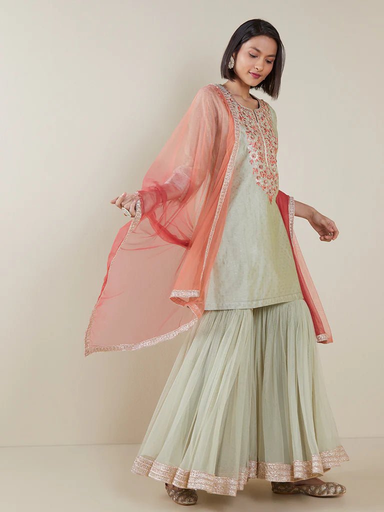 Green Embroidered Sharara Suit Set - DWEEP SARA