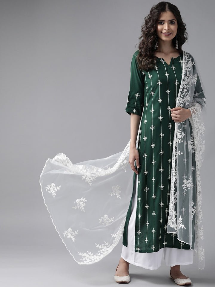 Green Embroidered Viscose Rayon Suit Set - DWEEP SARA