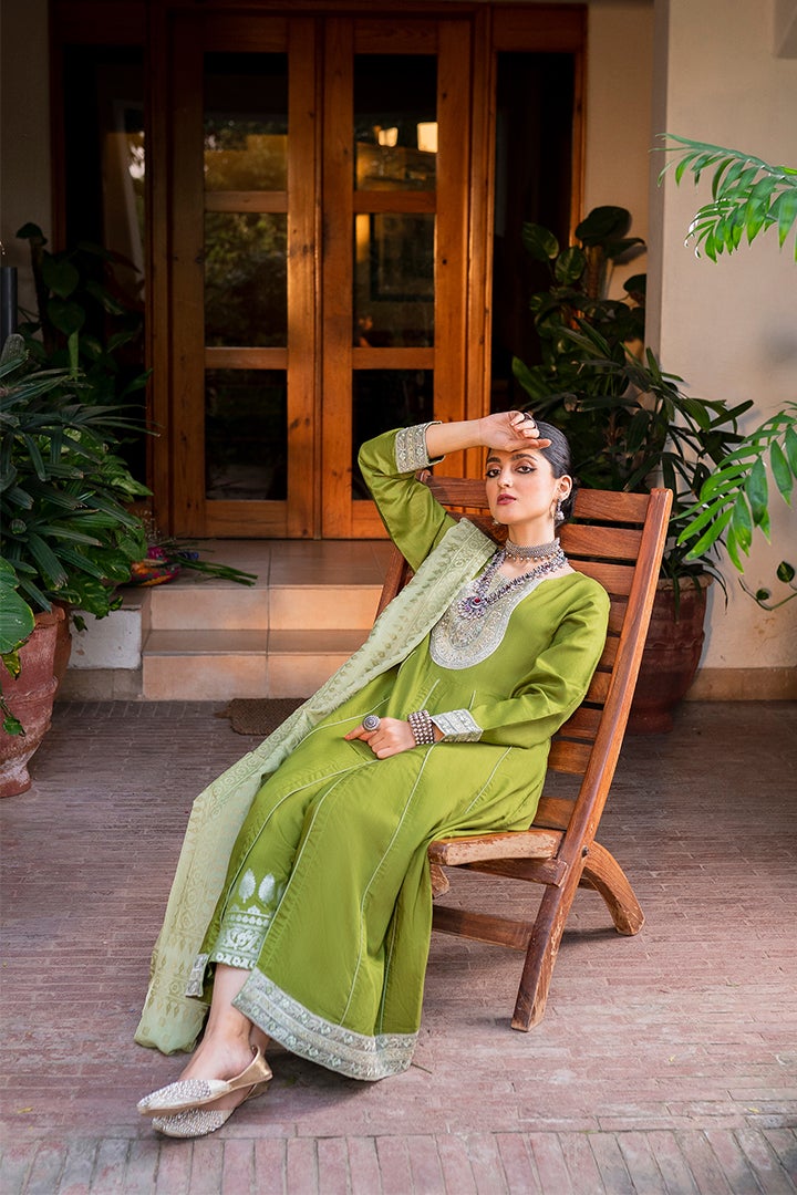 Green Embroidery Viscose Suit Set - DWEEP SARA