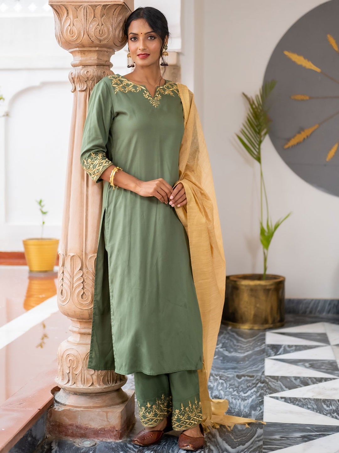 Green Ethnic Embroidery Suit With Chanderi Silk Dupatta - DWEEP SARA