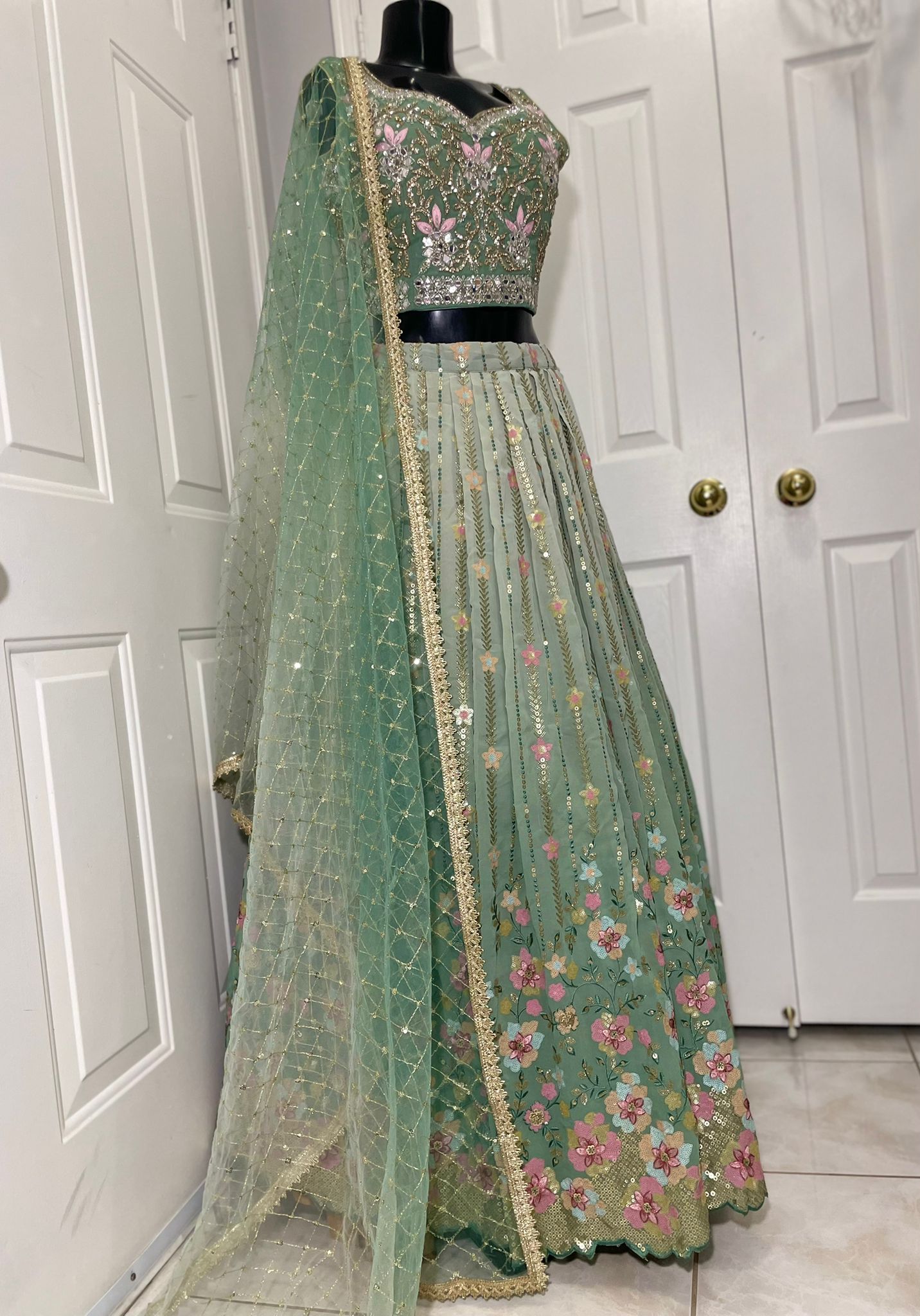 Green Floral Embroidered Lehenga Set - DWEEP SARA