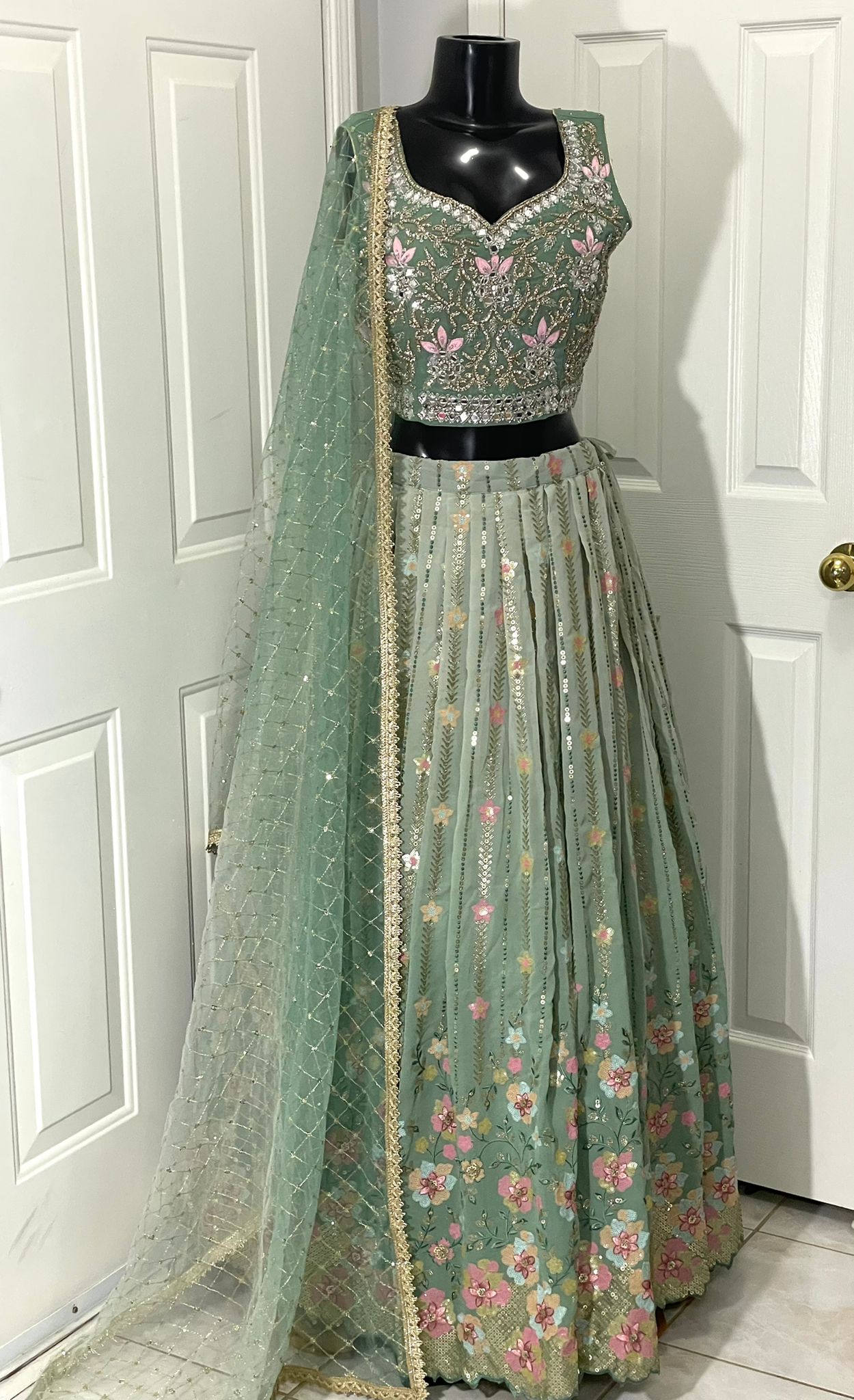 Green Floral Embroidered Lehenga Set - DWEEP SARA