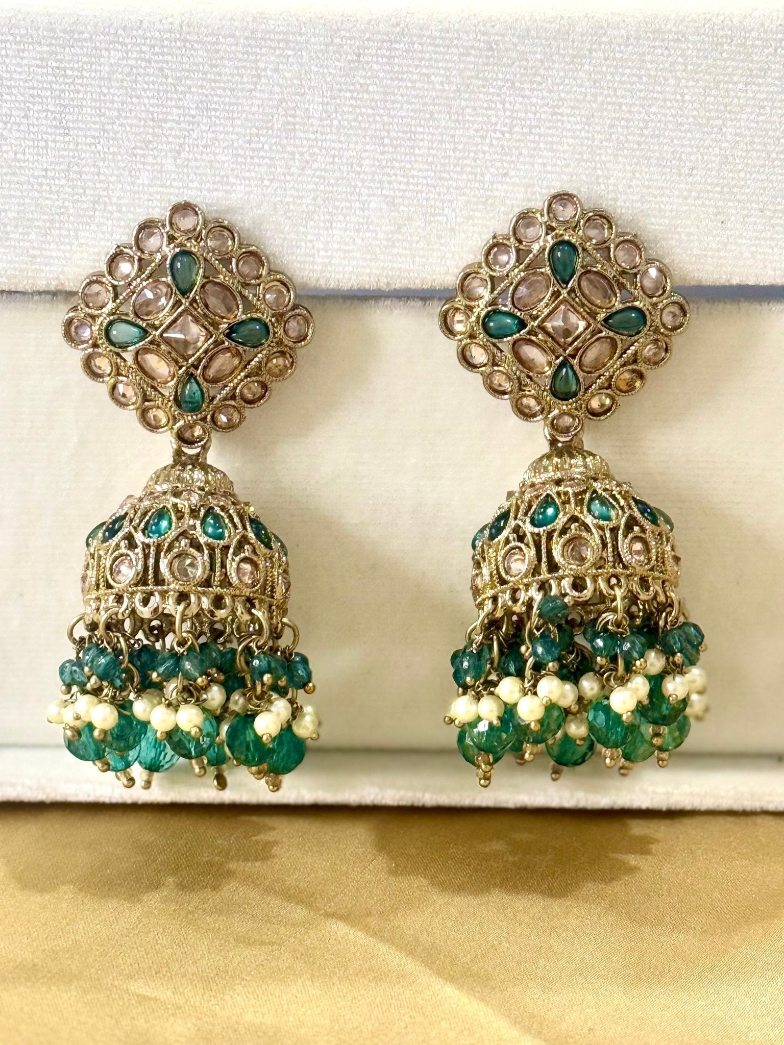 Green Kundan Stone Jhumki Earrings - DWEEP SARA