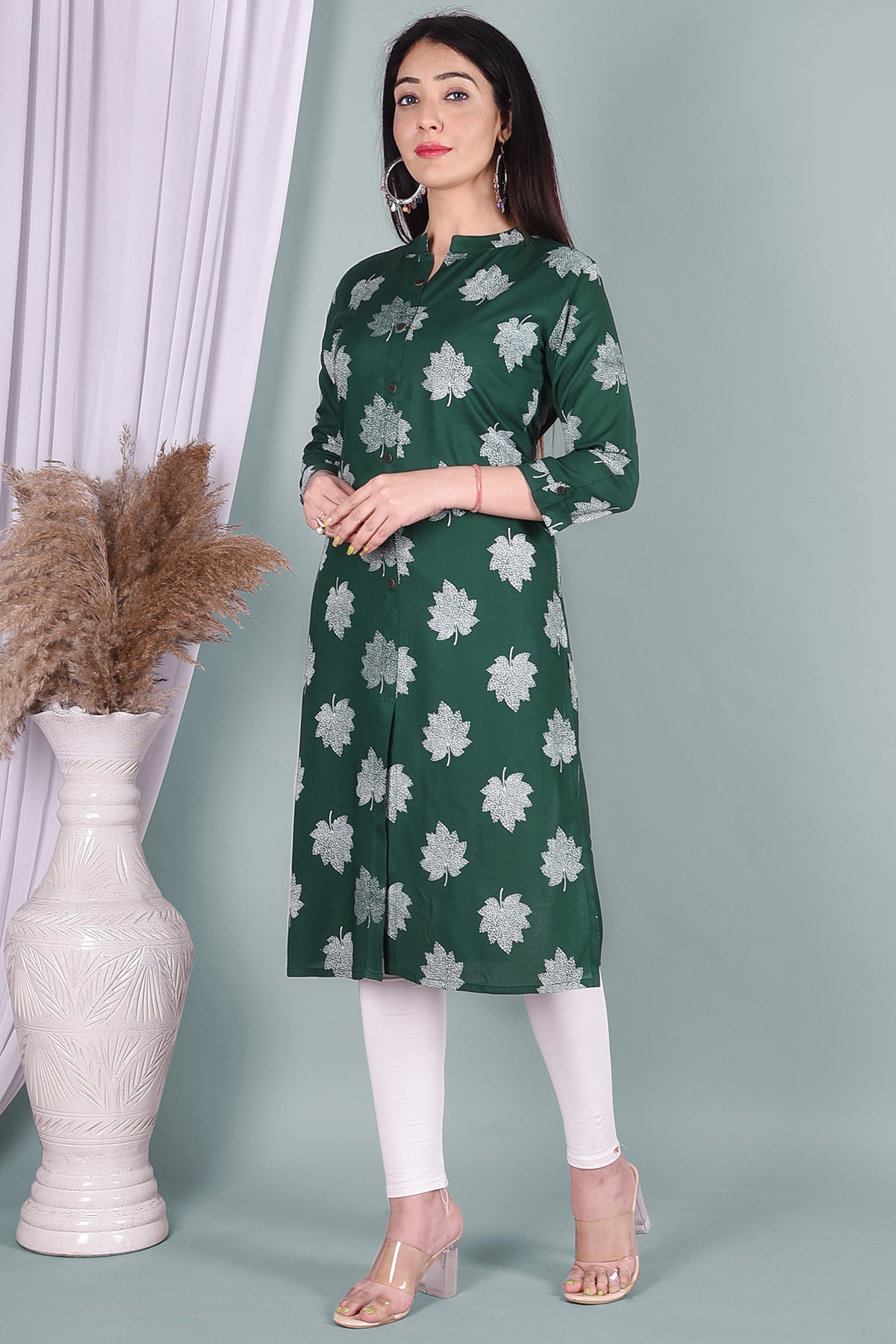 Green Leaf Printed Rayon Kurta - DWEEP SARA