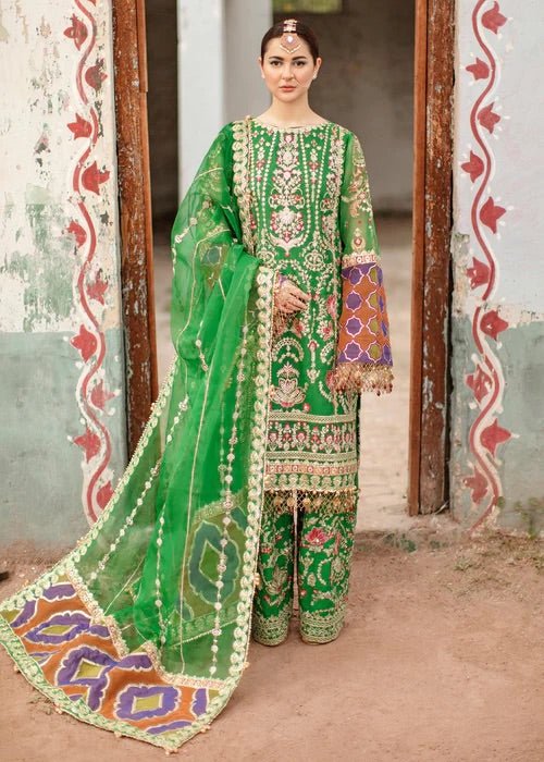 Green Organza Raw Silk Embroidered Suit Set - DWEEP SARA