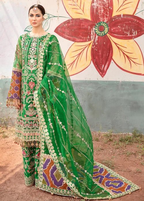 Green Organza Raw Silk Embroidered Suit Set - DWEEP SARA