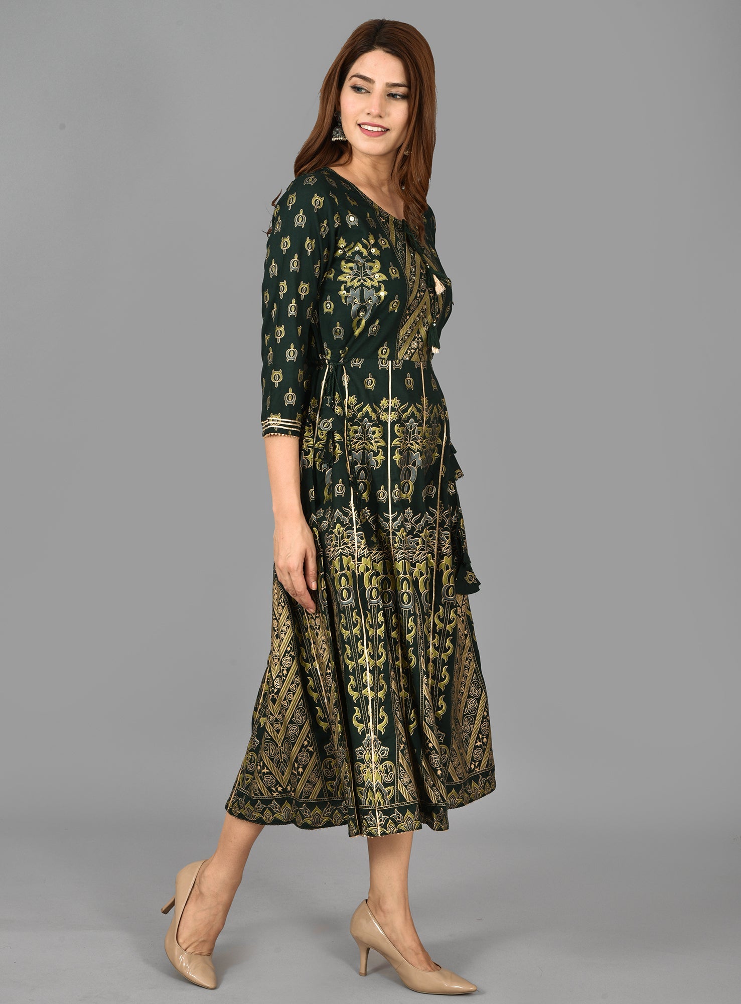 Green Rayon Fit & Flared Dress - DWEEP SARA