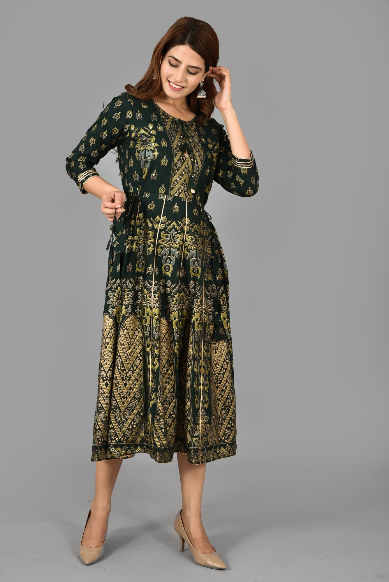 Green Rayon Fit & Flared Dress - DWEEP SARA