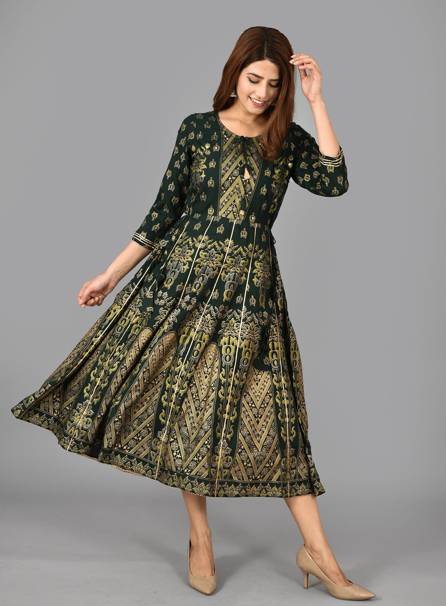 Green Rayon Fit & Flared Dress - DWEEP SARA