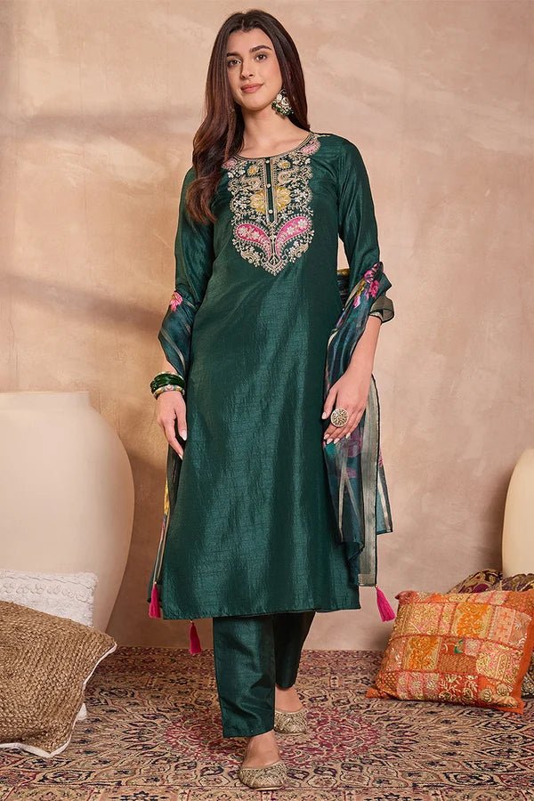 Green Silk Blend Solid Embroidered Straight Kurta Trouser With Dupatta - DWEEP SARA