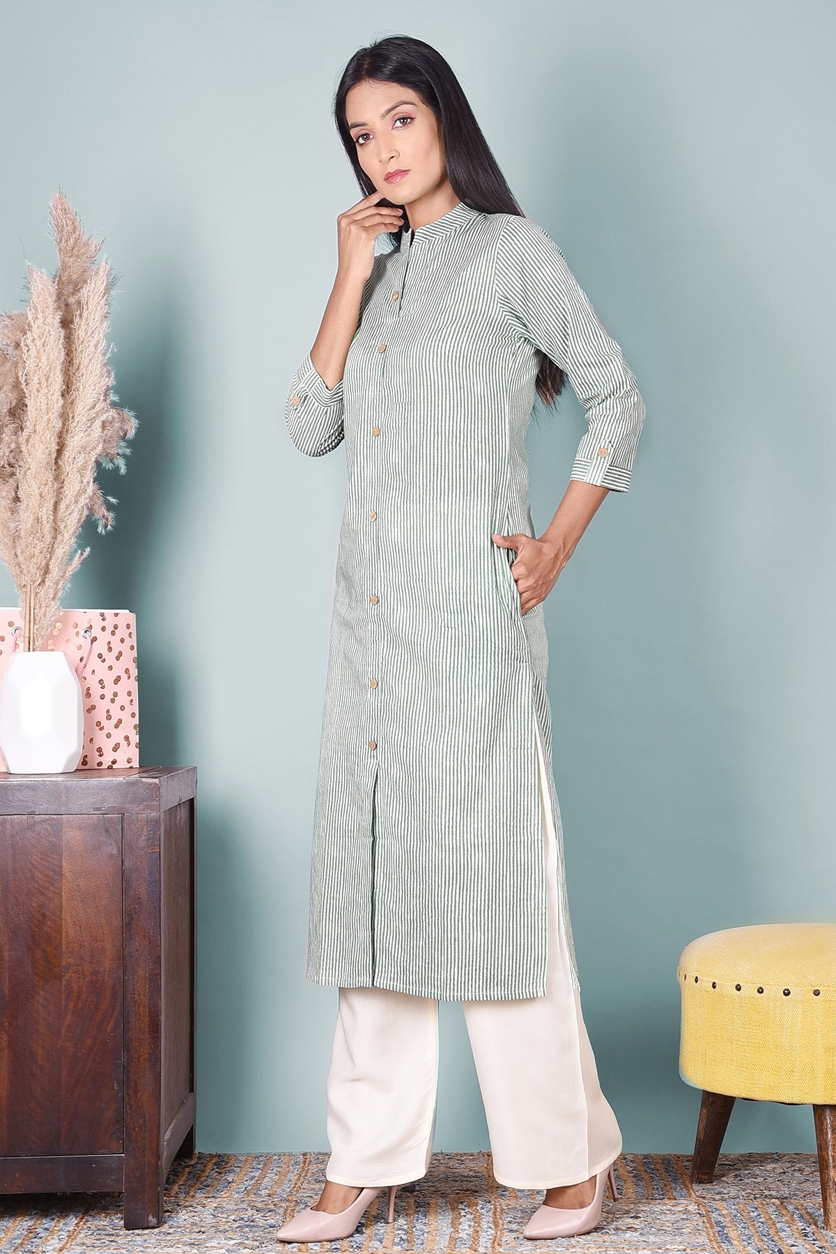 Green Striped Kurta With Pockets - DWEEP SARA