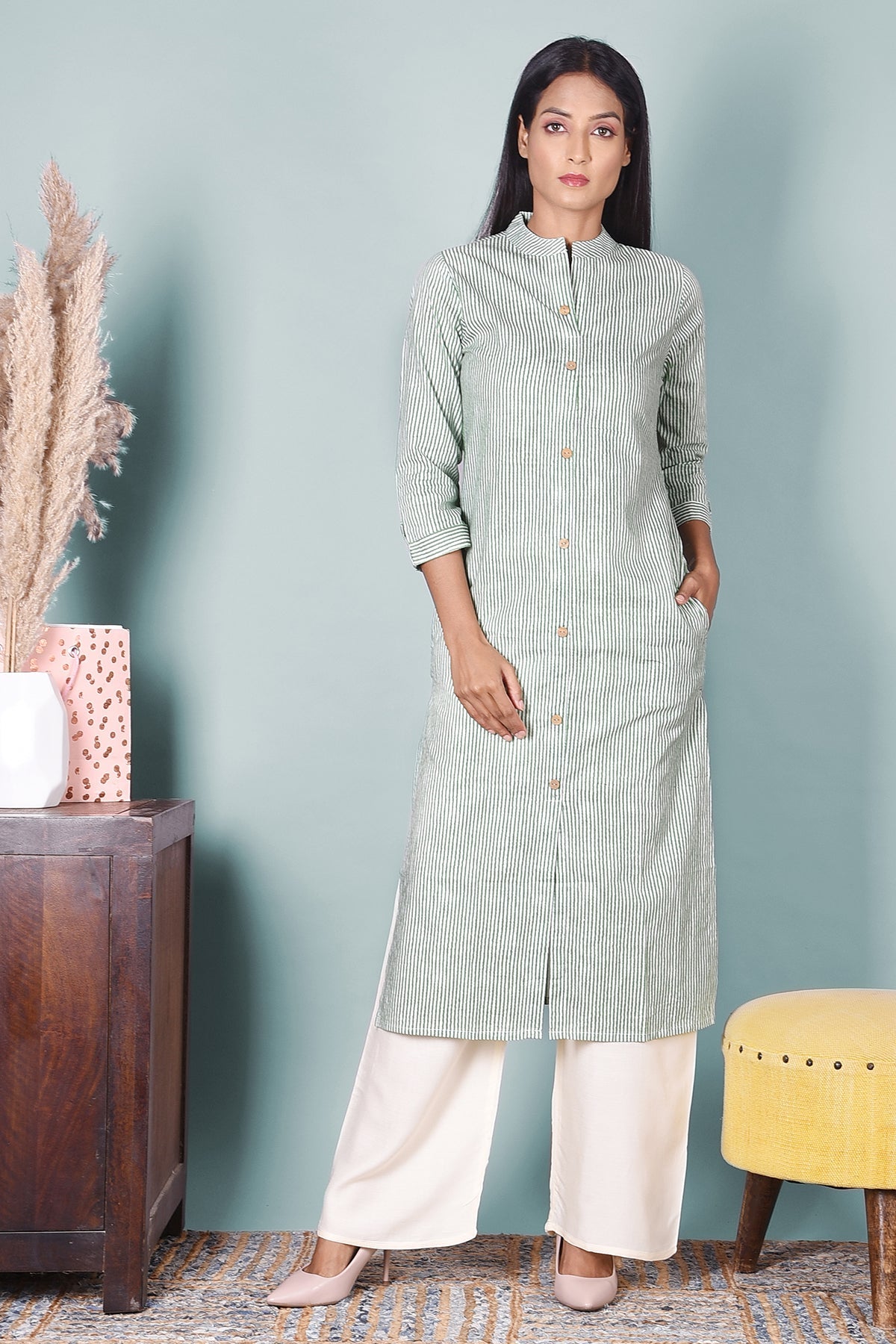 Green Striped Kurta With Pockets - DWEEP SARA