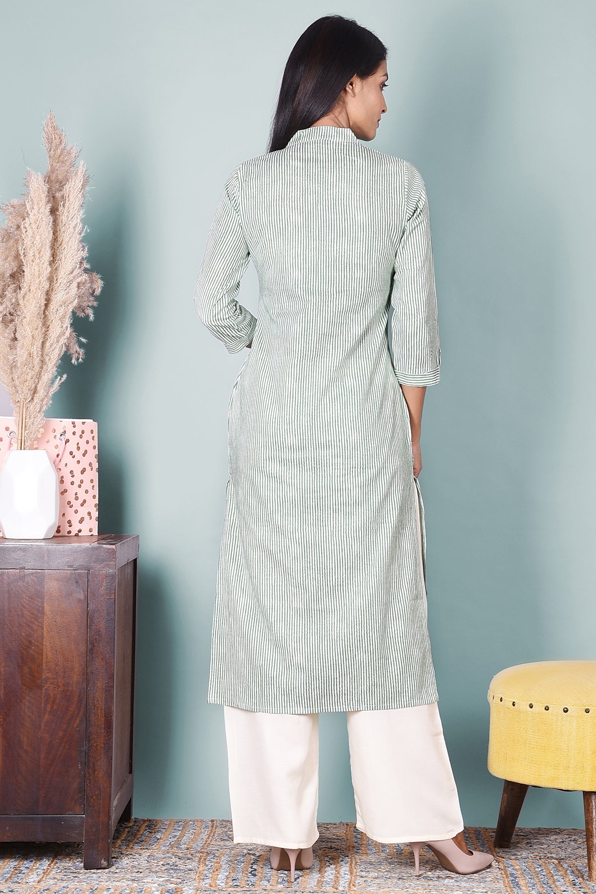 Green Striped Kurta With Pockets - DWEEP SARA