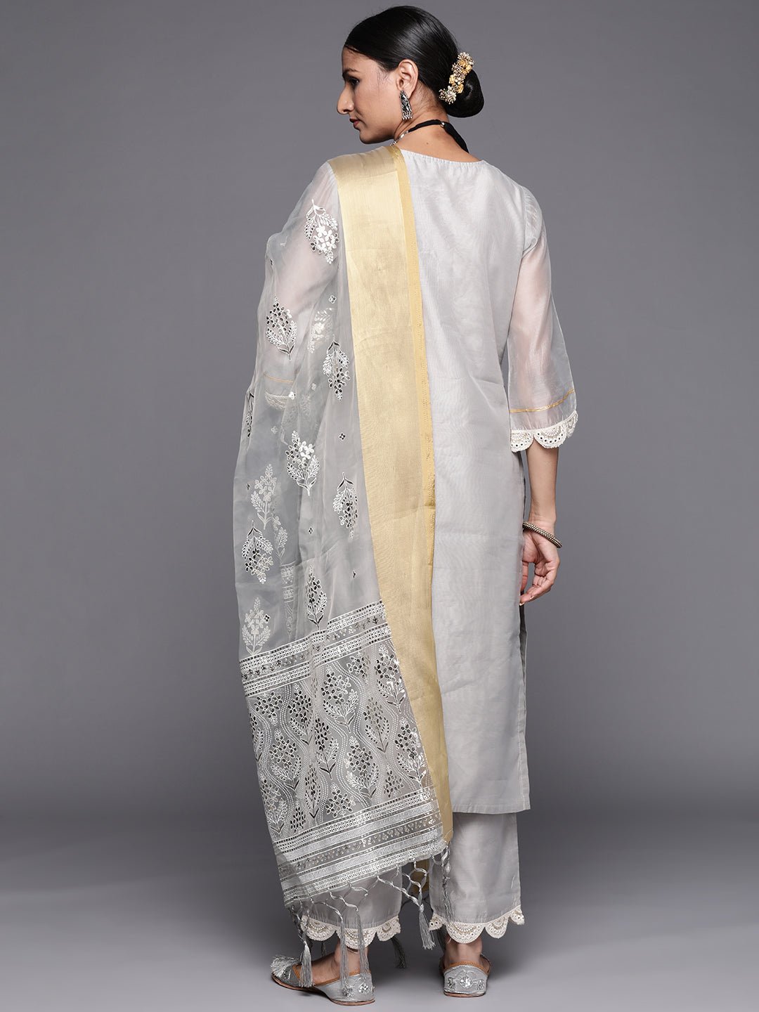 Grey Chanderi Mirror Work Suit Set - DWEEP SARA