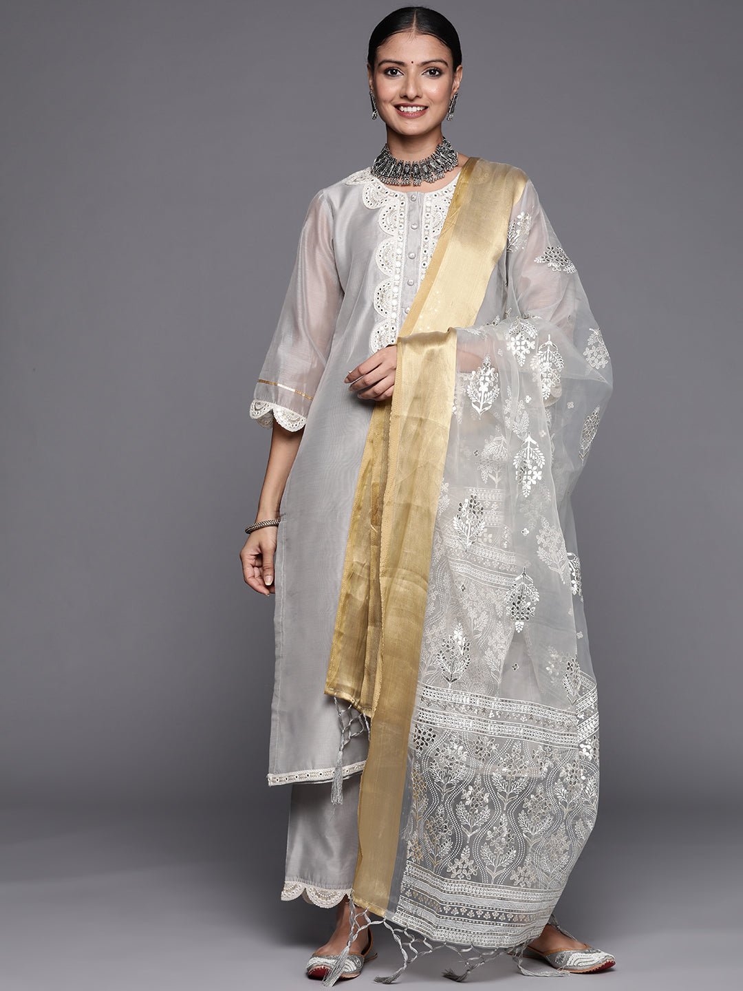 Grey Chanderi Mirror Work Suit Set - DWEEP SARA