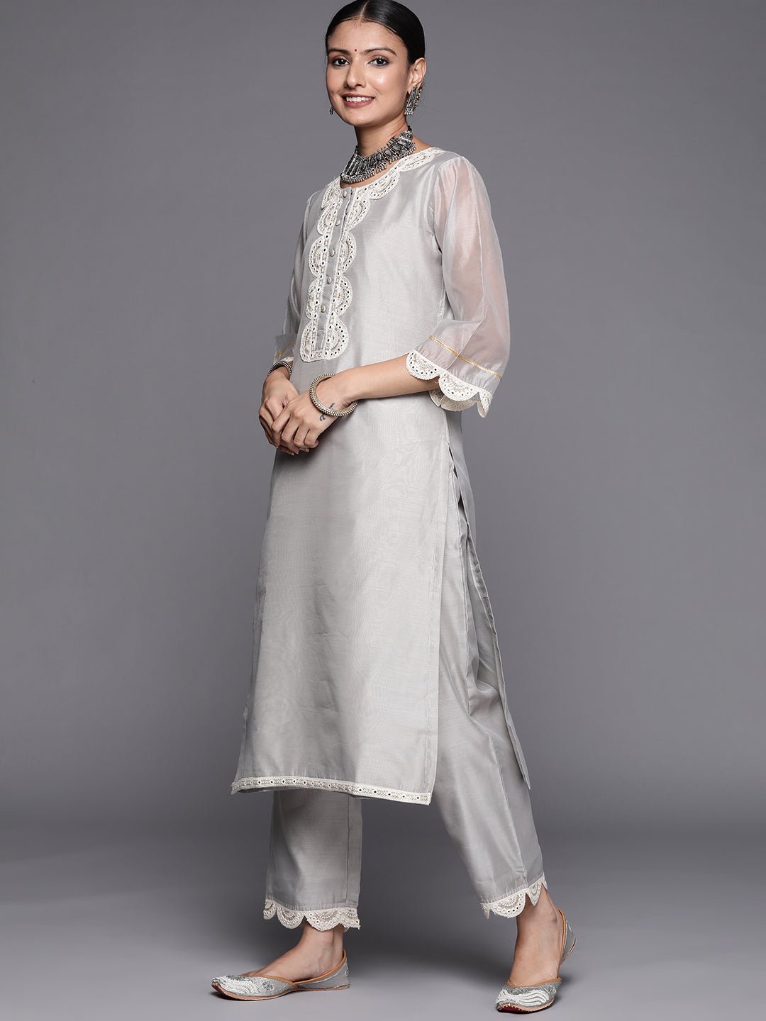 Grey Chanderi Mirror Work Suit Set - DWEEP SARA