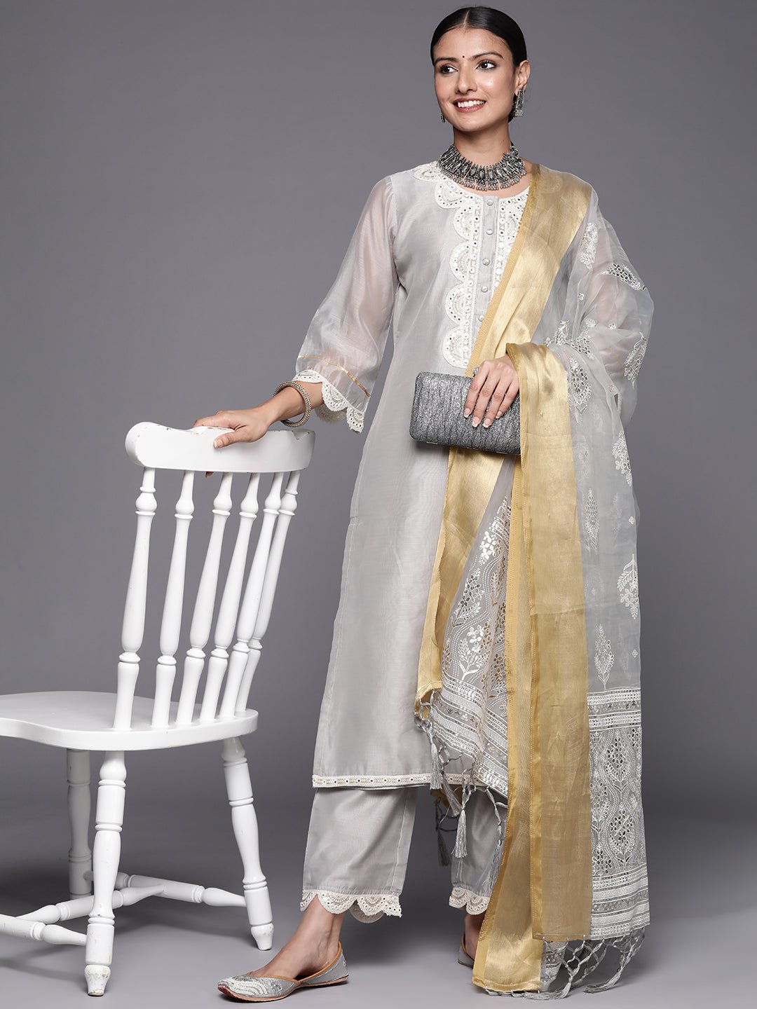 Grey Chanderi Mirror Work Suit Set - DWEEP SARA