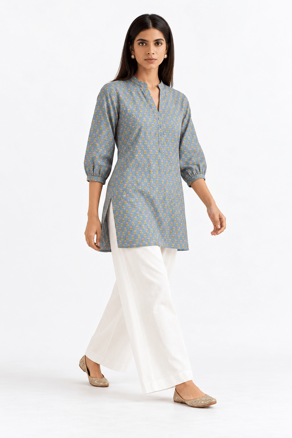 Grey Cotton Blend Floral Printed Short Kurti / Tunic - DWEEP SARA
