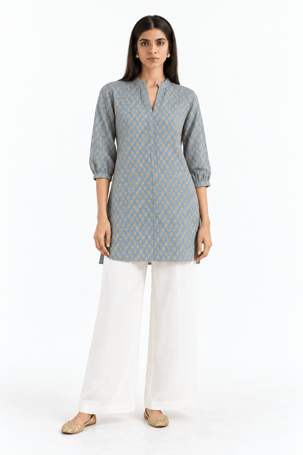 Grey Cotton Blend Floral Printed Short Kurti / Tunic - DWEEP SARA