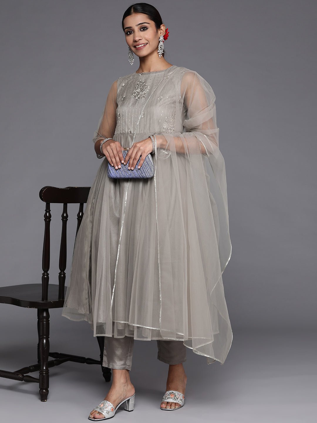 Grey Embroidered Net Anarkali Suit Set - DWEEP SARA