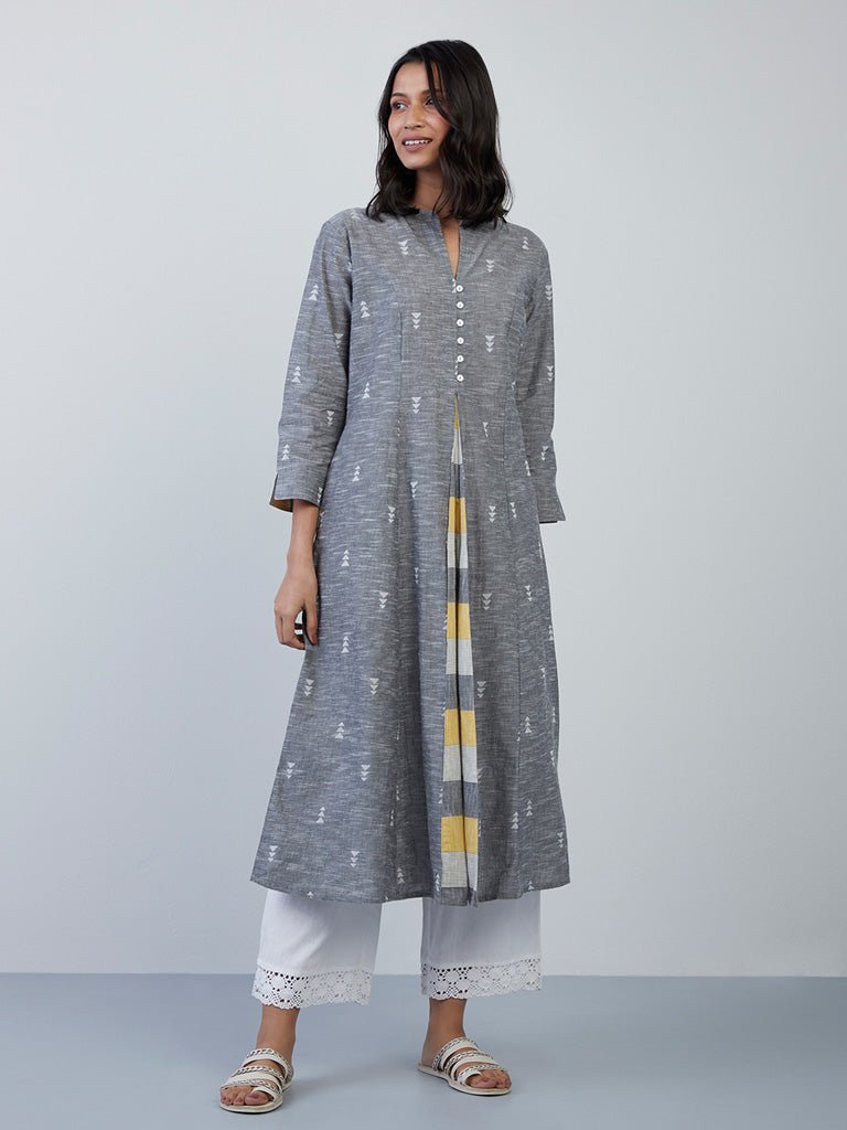 Grey Melange Printed A - Line Pocket Kurta - DWEEP SARA