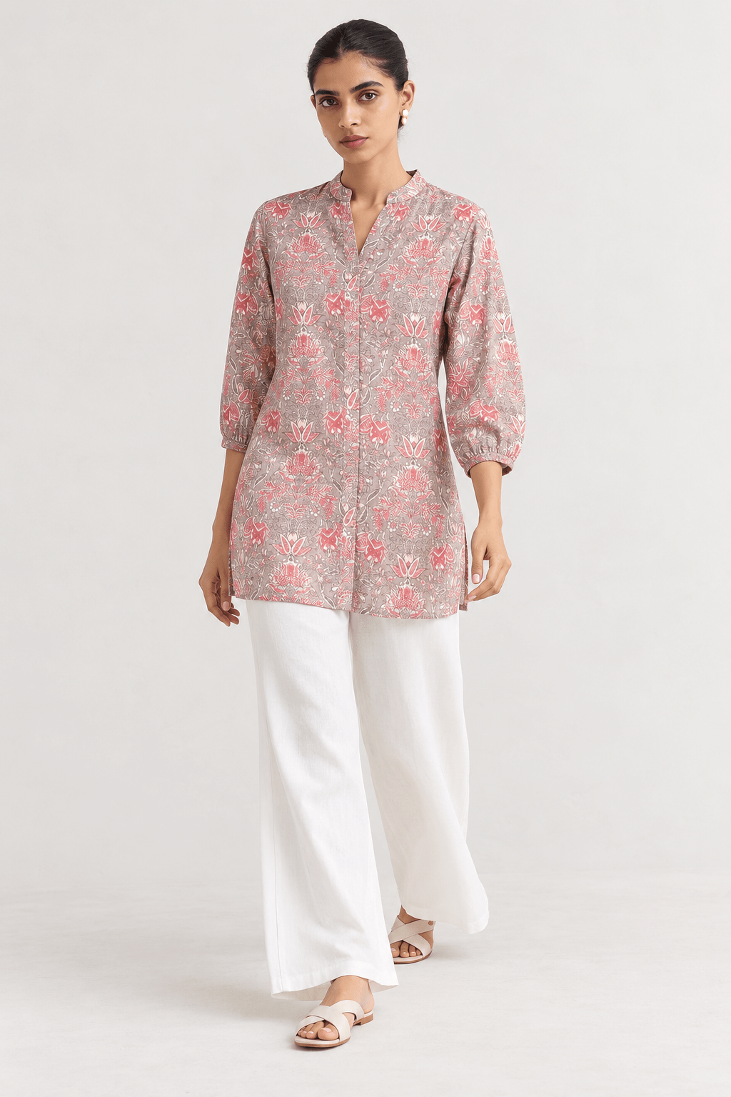 Grey & Pink Cotton Blend Floral Printed Straight Kurti - DWEEP SARA