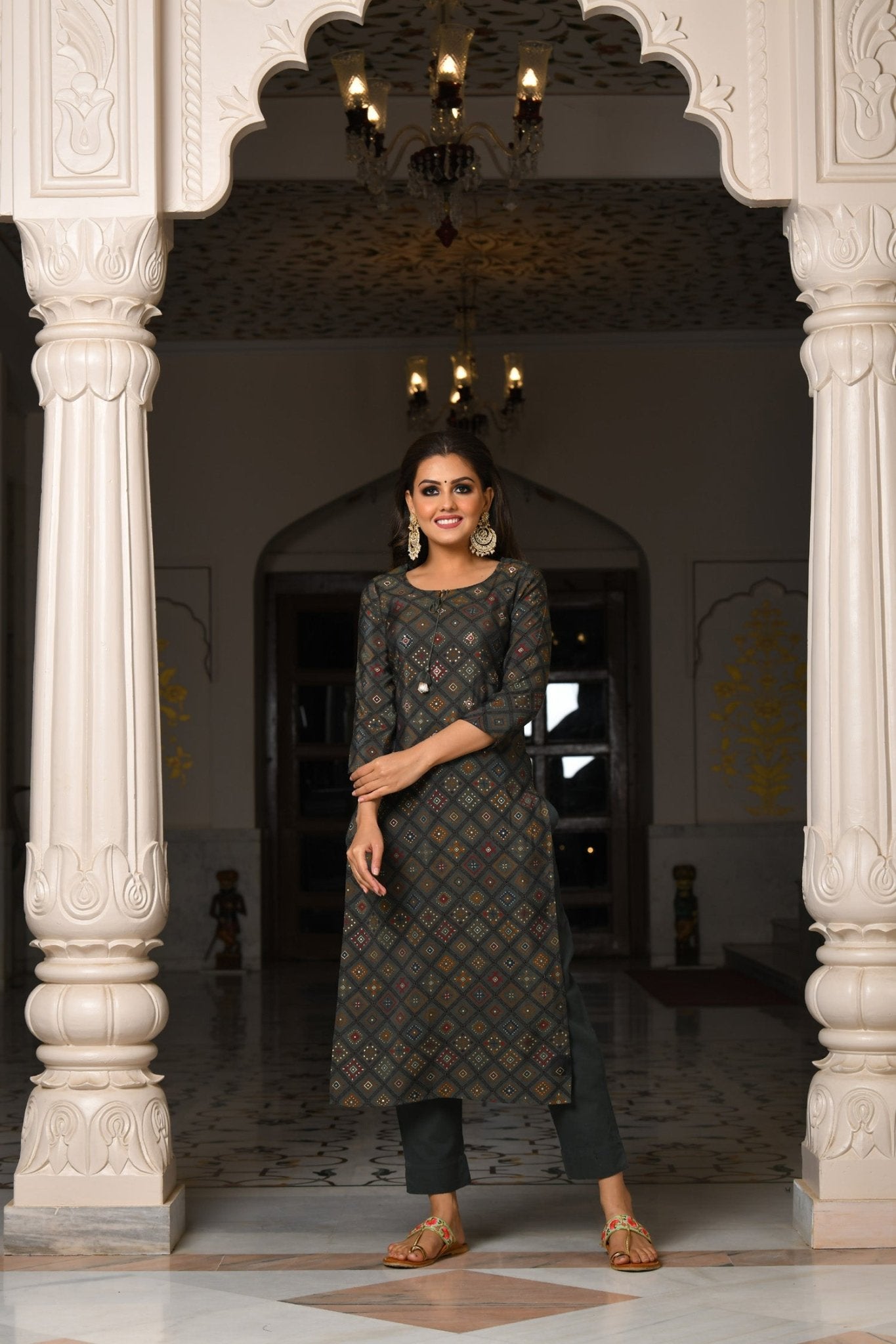 GREY PRINTED MODAL SILK SUIT SET - DWEEP SARA