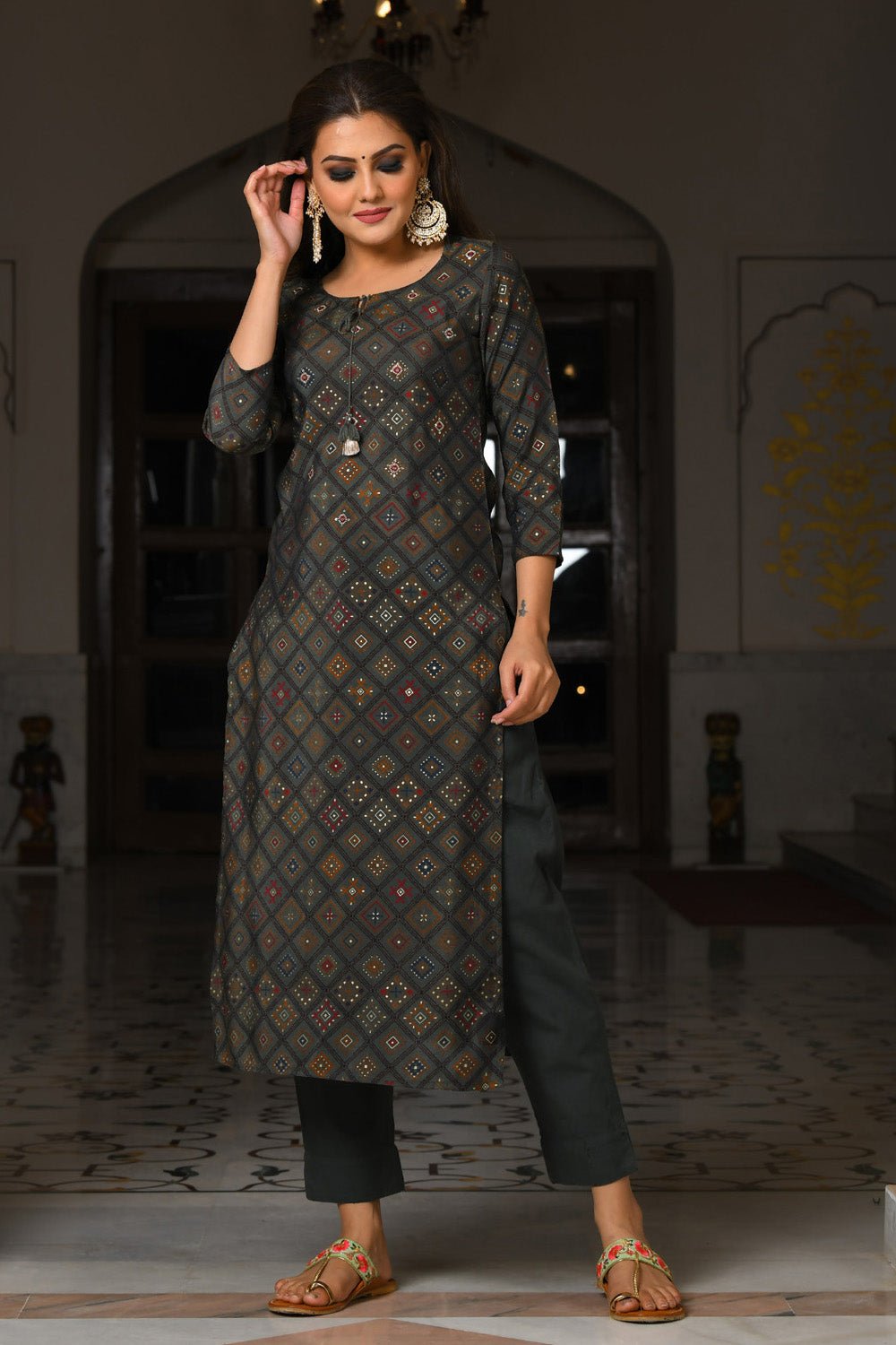 GREY PRINTED MODAL SILK SUIT SET - DWEEP SARA