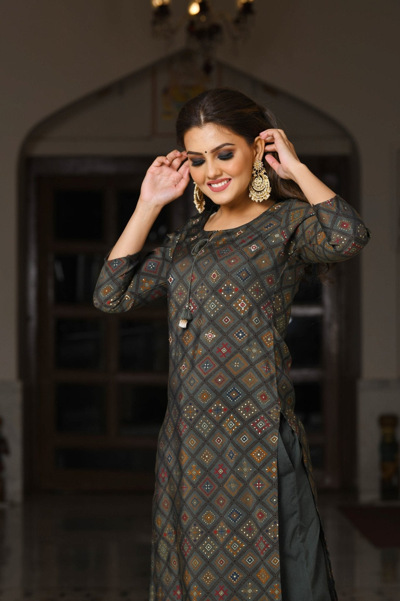 GREY PRINTED MODAL SILK SUIT SET - DWEEP SARA