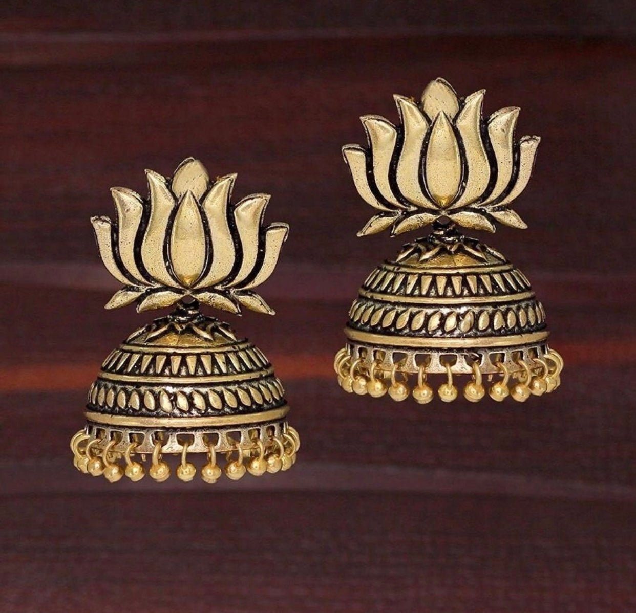 Handmade Gold Plated Lotus Shape Oxidized Jhumki - DWEEP SARA