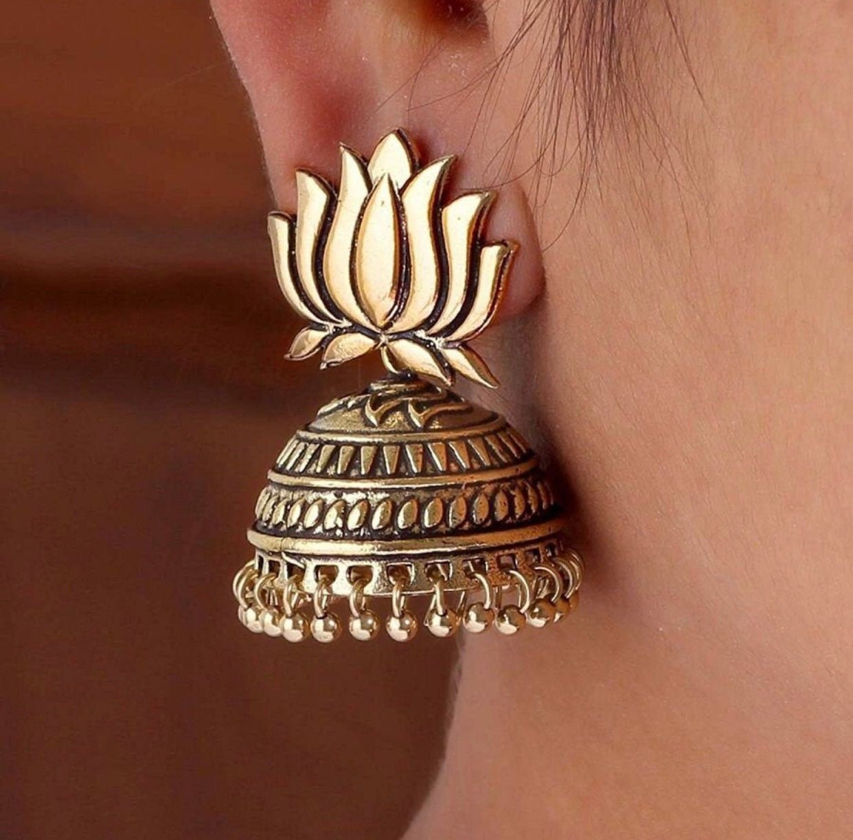 Handmade Gold Plated Lotus Shape Oxidized Jhumki - DWEEP SARA