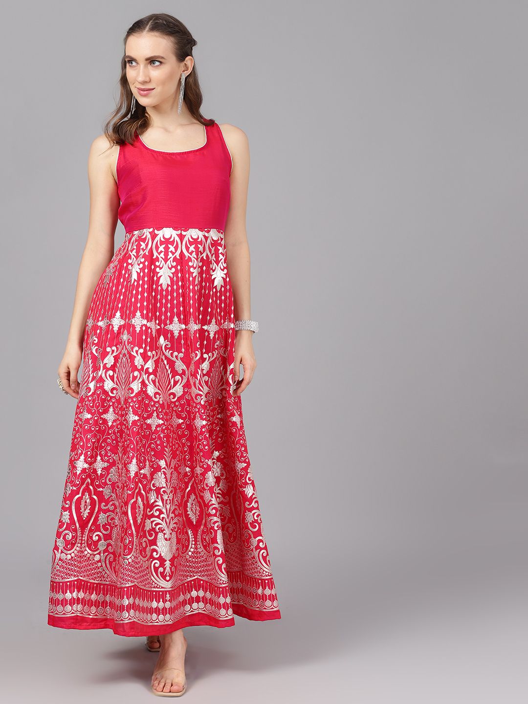 Hot Pink Flared Silk Maxi Dress - DWEEP SARA