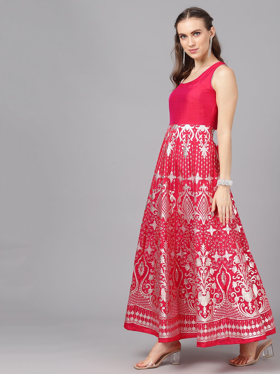 Hot Pink Flared Silk Maxi Dress - DWEEP SARA