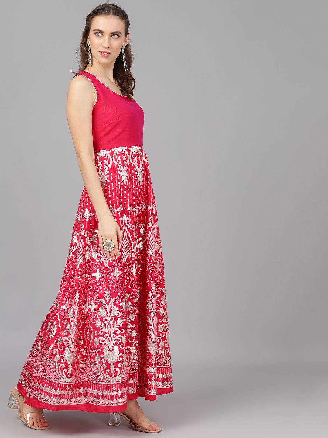 Hot Pink Flared Silk Maxi Dress - DWEEP SARA