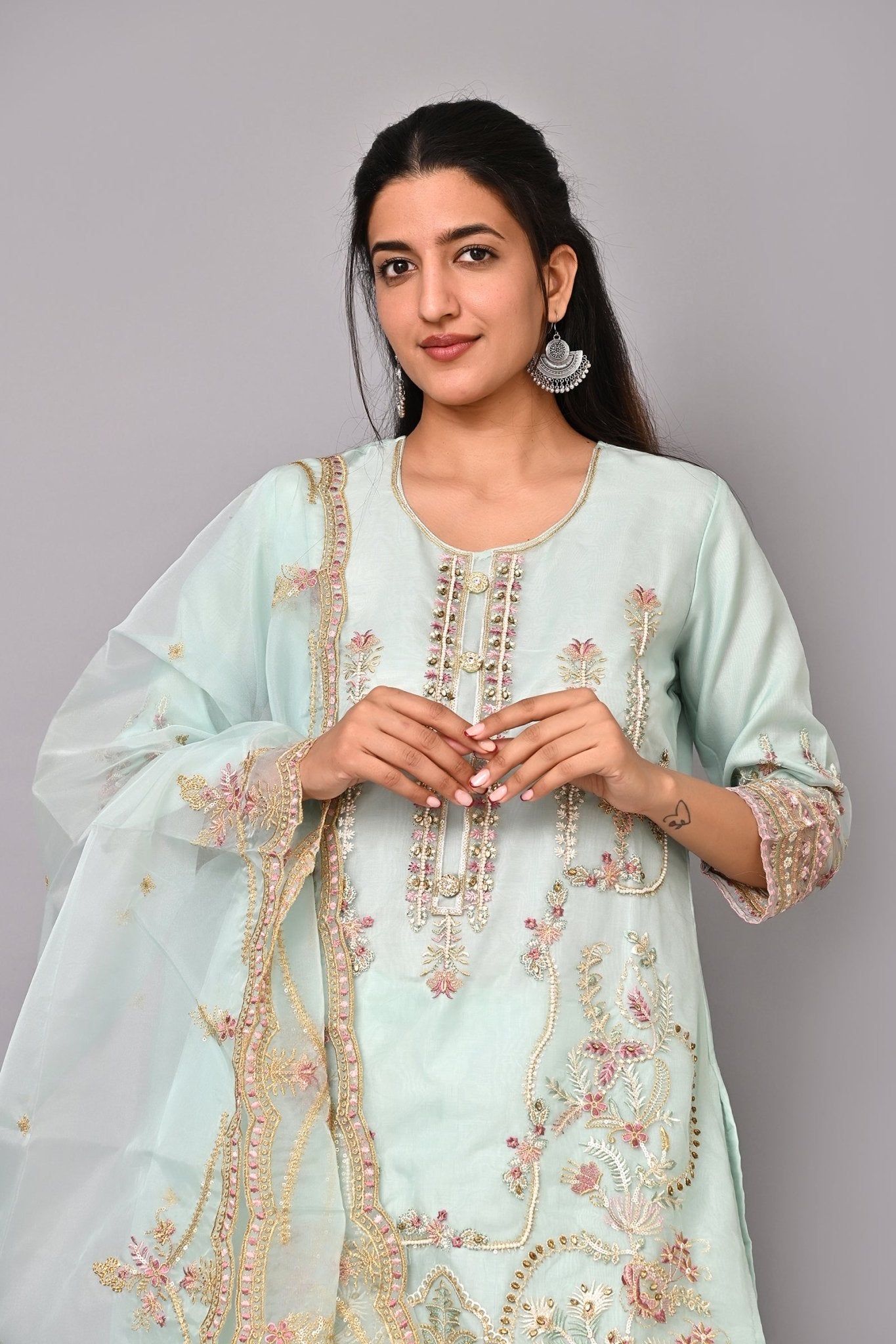 Ice Blue Embroidered Kurta Set with Pant and Dupatta - DWEEP SARA